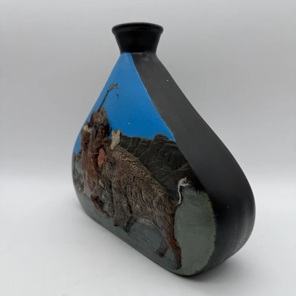 Buffalo Hunt Relief Vase Hand Painted Native American Style Black Blue 9in Art